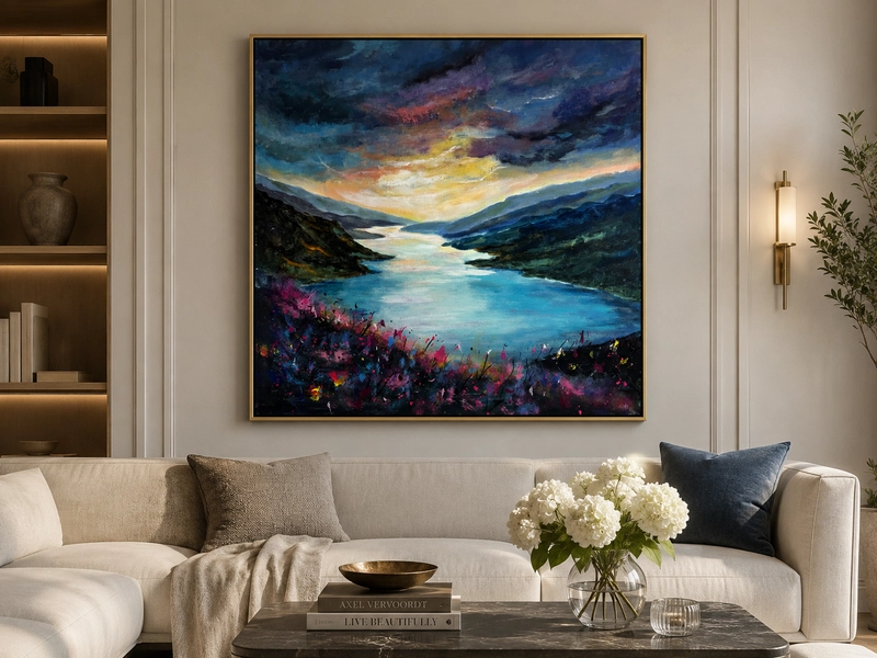 Whispers of the Highlands című 50x50 cm-es akrilfestmény skót tájjal elegáns nappali enteriőrben